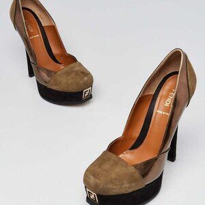 Fendi Taupe/Black Suede/Leather Fendista Platform Pumps Size 7.5/38